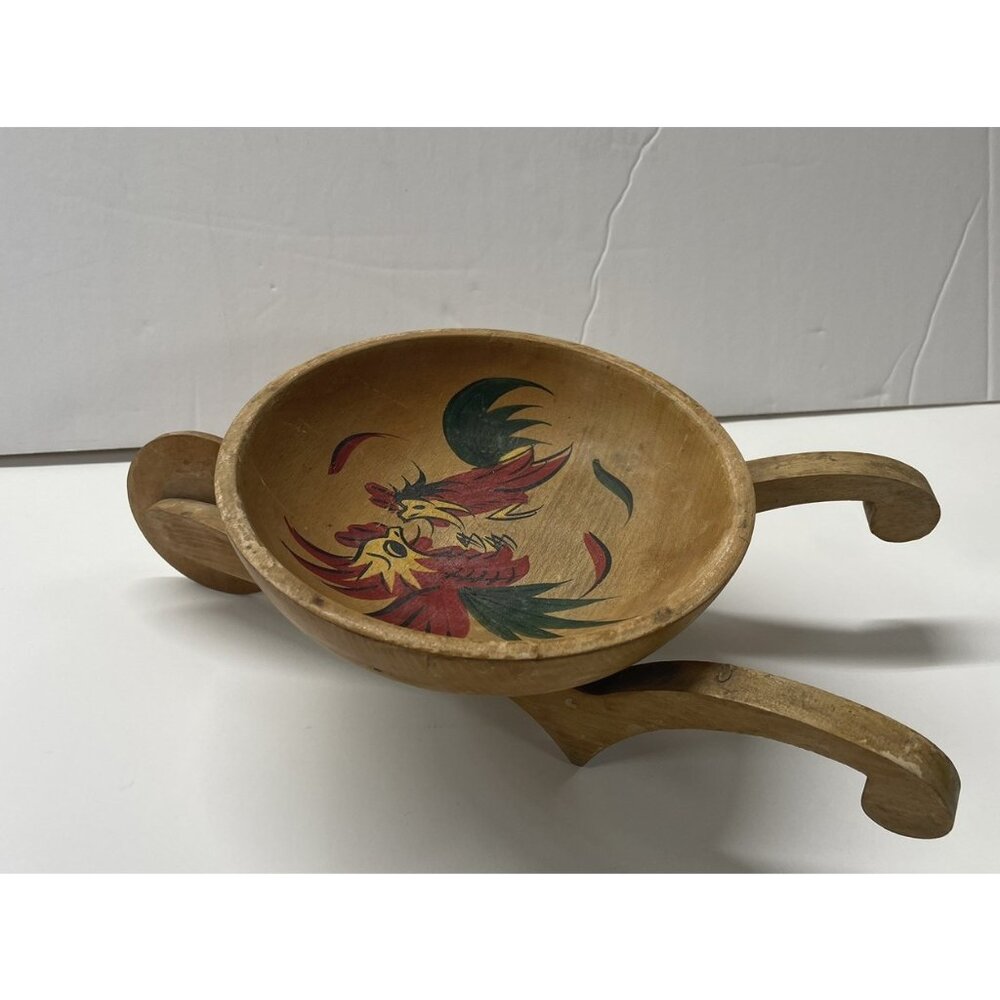 VTG Fred Roberts Wooden Wheelbarrow Snack Bowl, Hand Painted Roosters MCM Japan